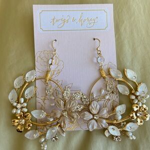 David's Bridal Gold Floral Hoop Earrings with Pearl Accents